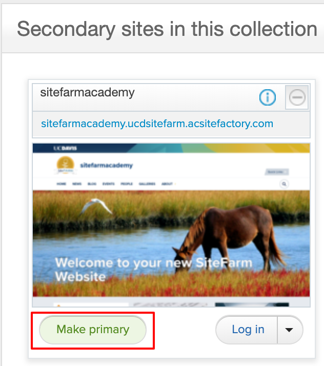 A screenshot showing the location of the Make primary button on the site card.