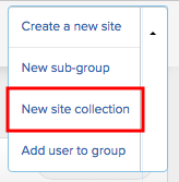 New site collection button available on the submenu.
