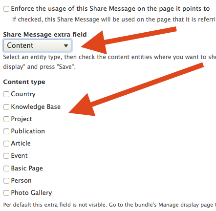 Location of the Share Message Extra Field and content type list.