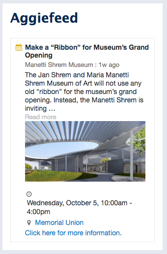 Screen capture of an event listed in an AggieFeed event regarding the opening of the Shrem Museum of Art.