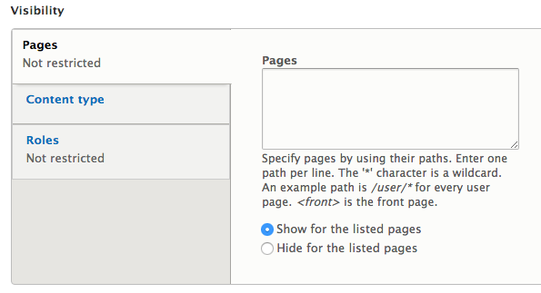 Block visibility options allowing you to list pages that will be display or hide a block.
