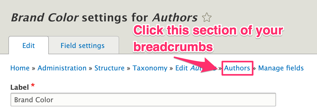 Use the breadcrumb link on the Brand Color page to return to the main page for your vocabulary.