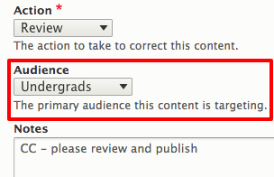 Screenshot of the location of the Audience select menu, just below Status and Action in the Content Audit panel.