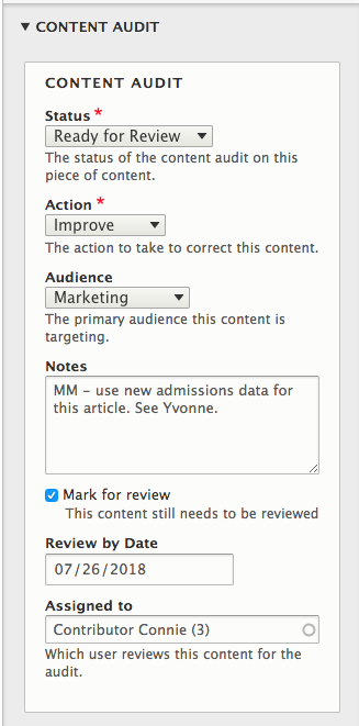 Example of the content audit panel completed for review