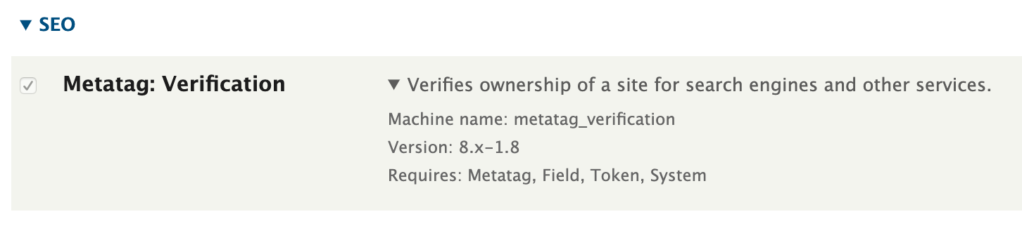 A screenshot of the enabled Metatag:Verification module.