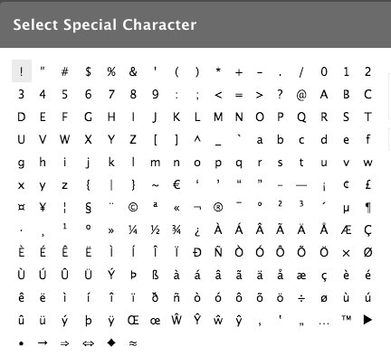 Screenshot of the available list of special characters included in the WYSIWYG.