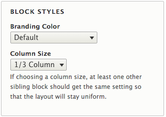 Block style options related to branding color and column size.