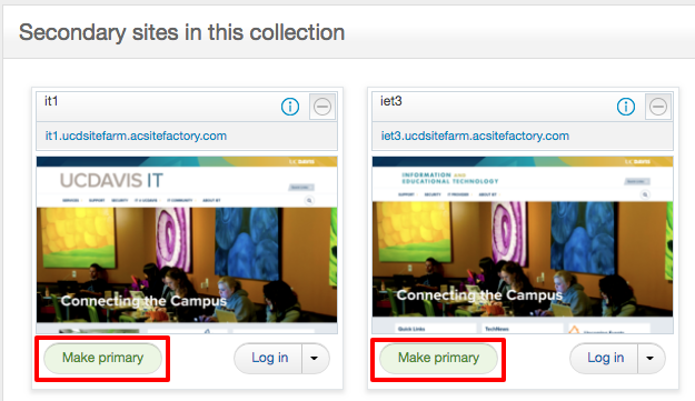 Each site listed in the Secondary Sites section includes a Make Primary button option.