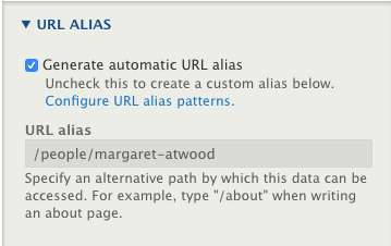 Screenshot of the URL Alias section available from the Additional Options sidebar.
