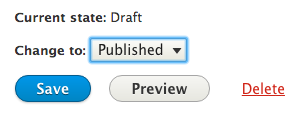 Screenshot showing the current state is Draft and offering a drop-down menu that includes the option to Publish.