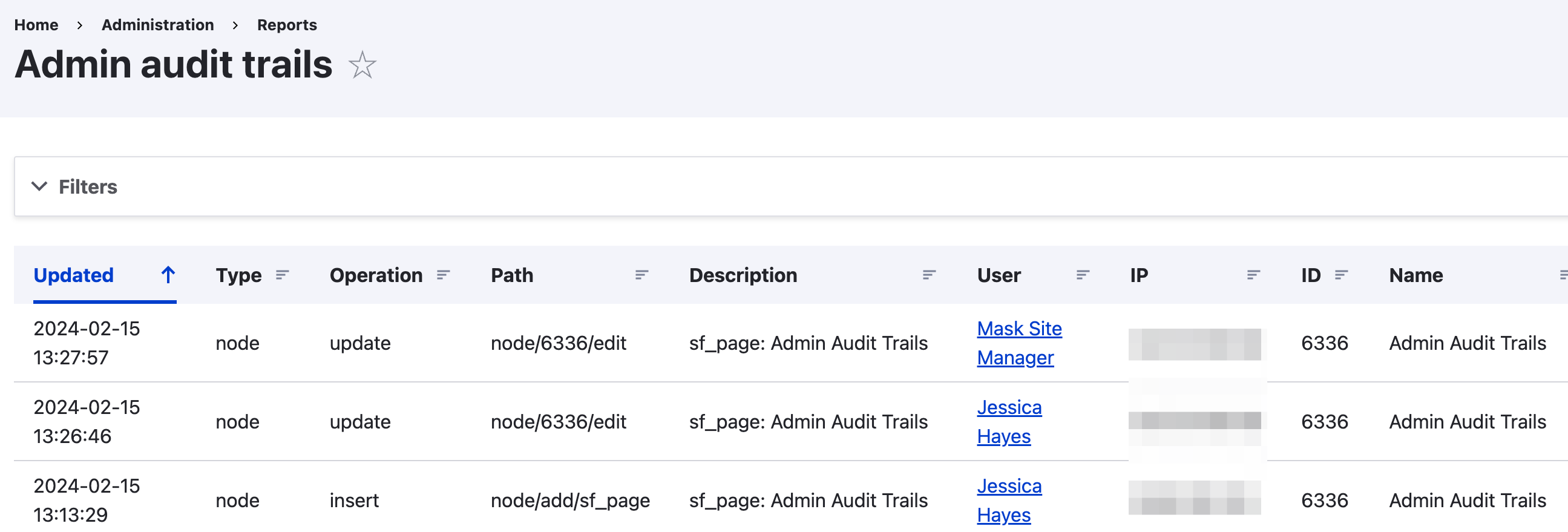Screenshot of the Admin Audit Trail screen displaying the filter option along with the data table of collected changes to the site.