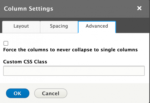 Advanced section of the Layout Columns feature where those with the knowledge can add custom CSS classes