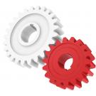 Red and white cog gears interlocked