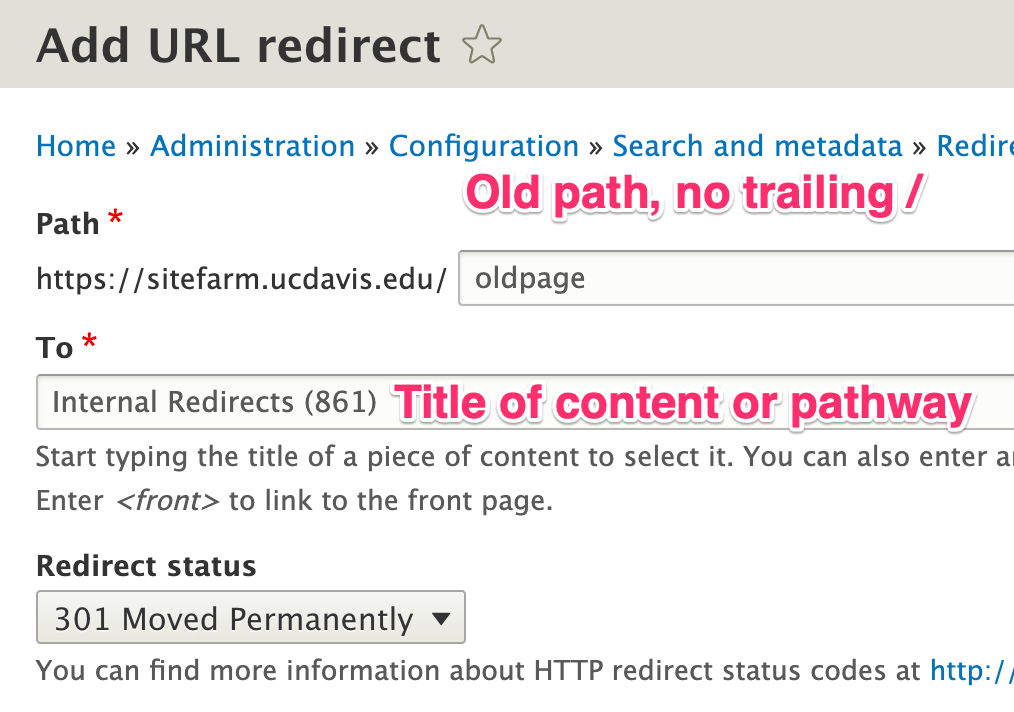 Screenshot of the Redirect URL page