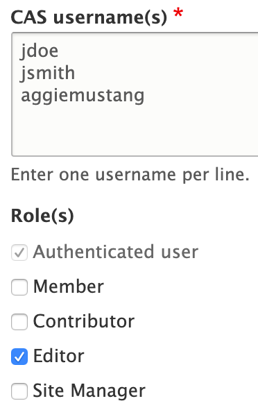 Example of three user IDs, each other their own line, and all of them assigned the same role type.