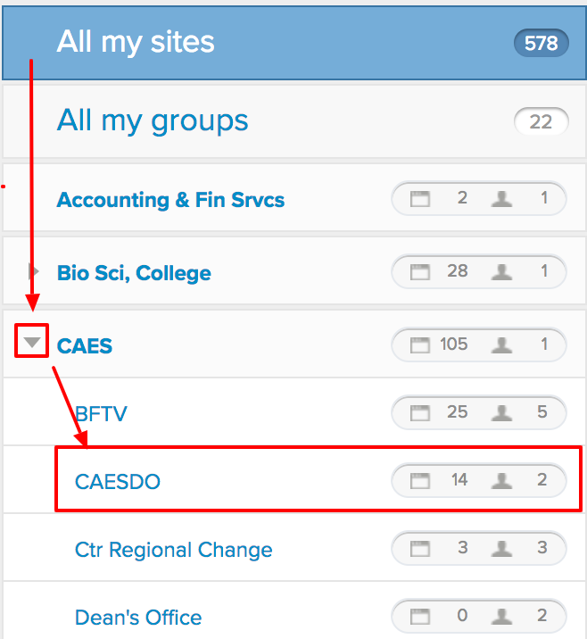 Screenshot fo the group list from Site Factory