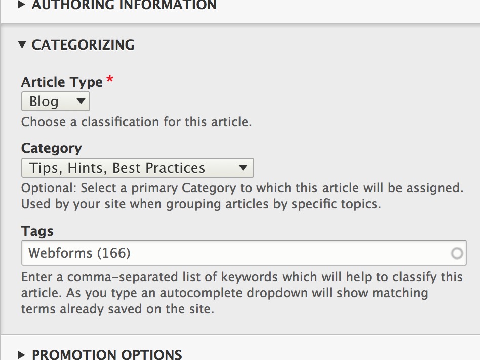 Example of the options available within an Article's Categorizing section.