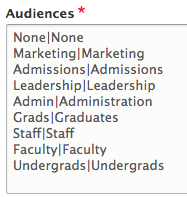 Screenshot of an updated audience list showing both internal departments and external target groups like undergrads and faculty.