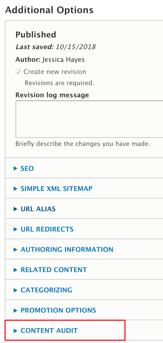 Location of the Content Audit tab on a page.