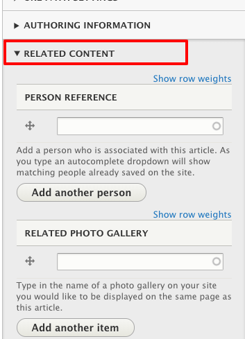 Screenshot of the Additional Options section of the Article Content type showing the Related Content that is specific to this content type.