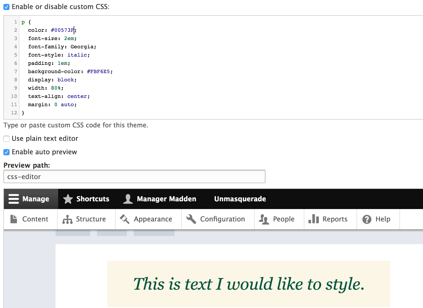 Example of css styles being applied to a page