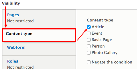 A screenshot showing the location of the content type tab and the corresponding Article type checkbox.