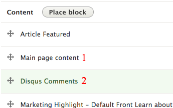 A screenshot showing the order in which the main content and disqus blocks should appear on the Block Layout page.