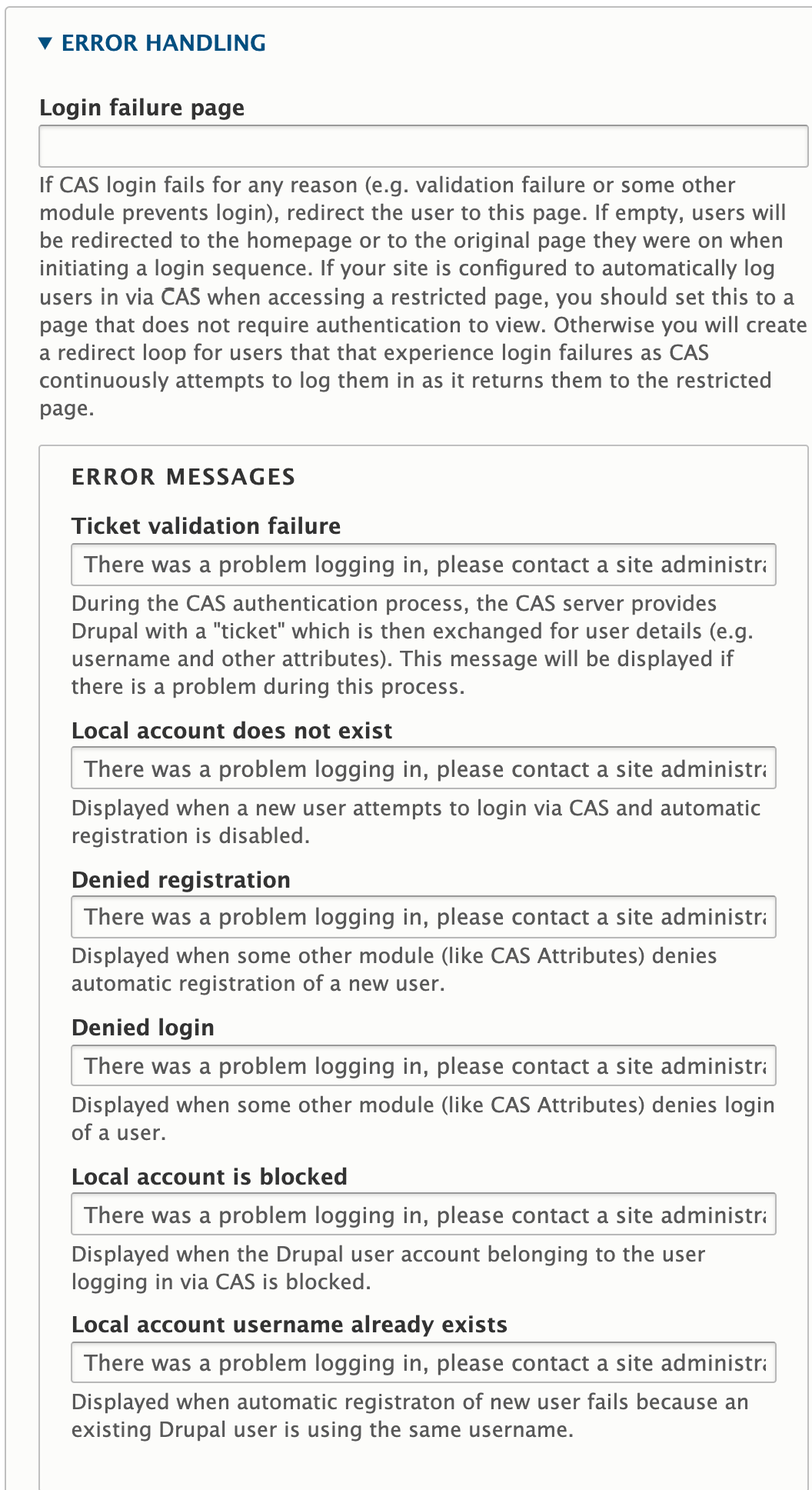 A screenshot of the Error Handling section of CAS Settings, showing the repetition of the same error message regardless of the error case.