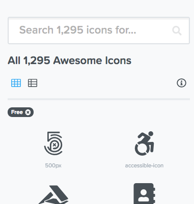 View of the Font Awesome search field and list of icons