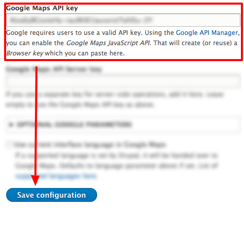 A screenshot of the api key entry field in the Geolocation configuration area.