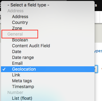 The Geolocation field type is located in the General section of the field type menu.