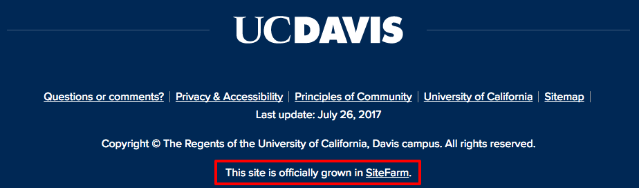 Footer of a site displaying the label "This site is officially grown in SiteFarm" for easy identification.