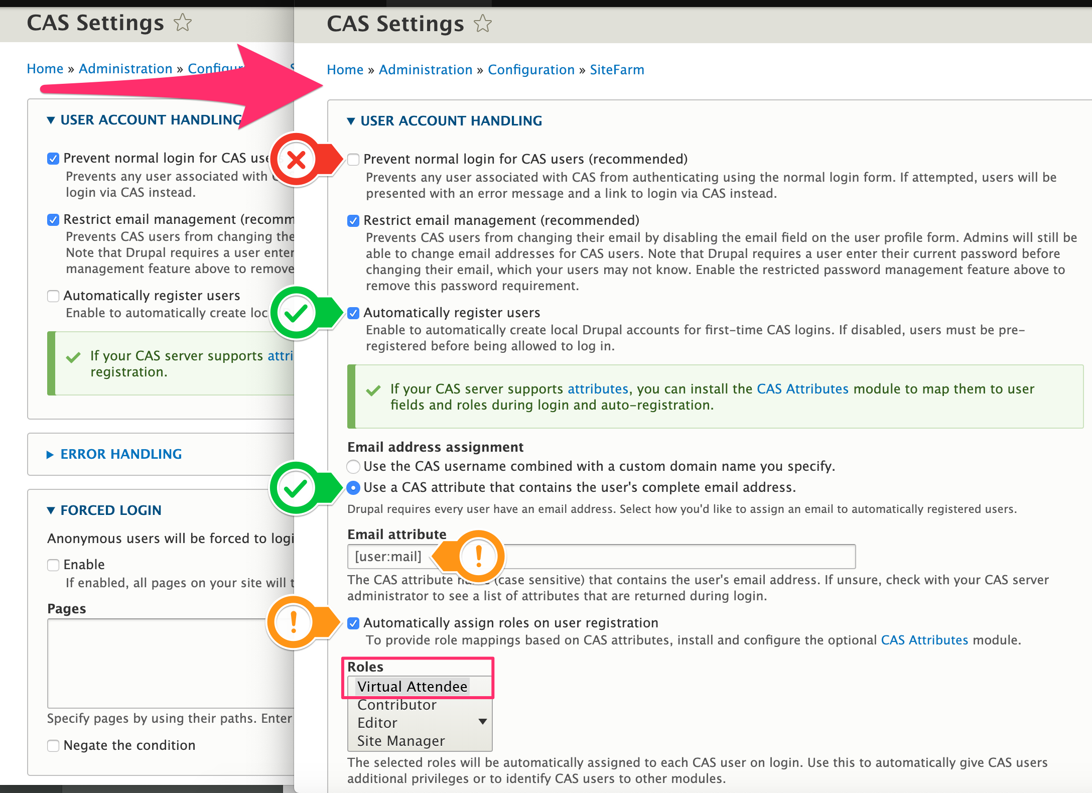 Screenshot showing the Account Handling section before and after configuration.