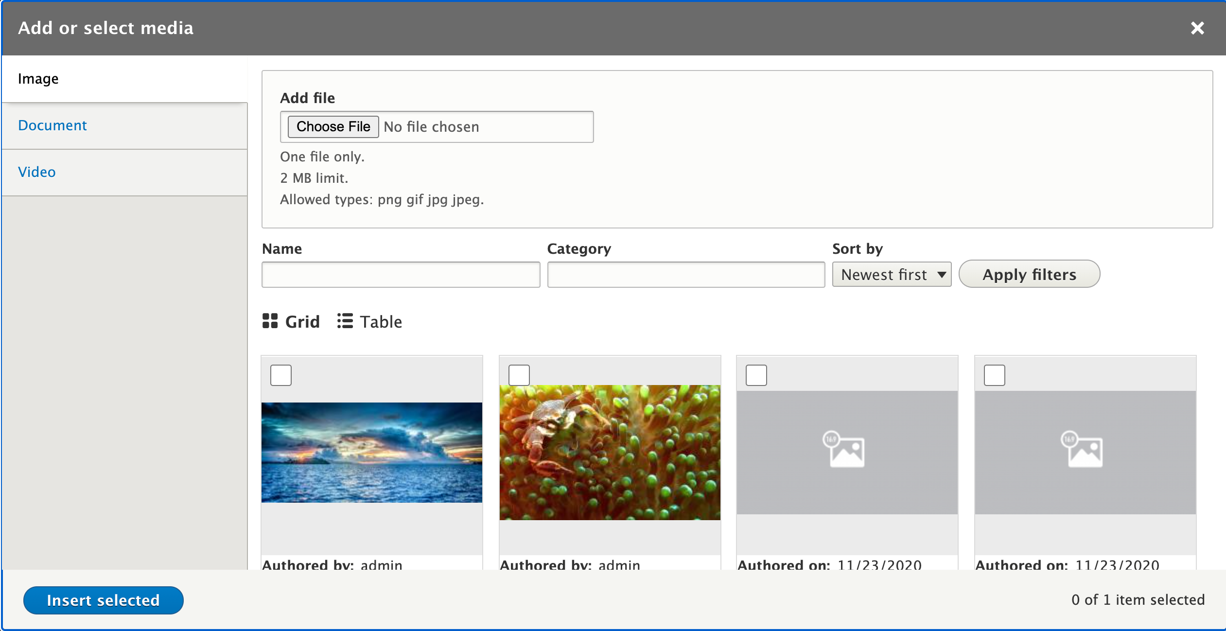 Screenshot of the Add or select media user interface