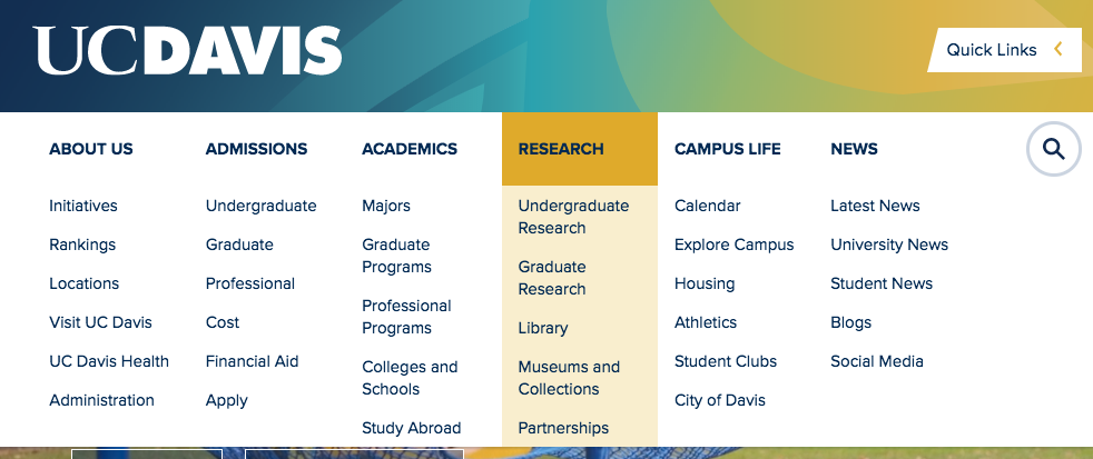 Example of UC Davis' drop-down mega menu style in action.