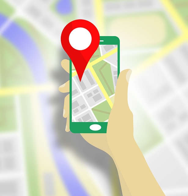 Illustration of a hand holding a smartphone displaying a map.