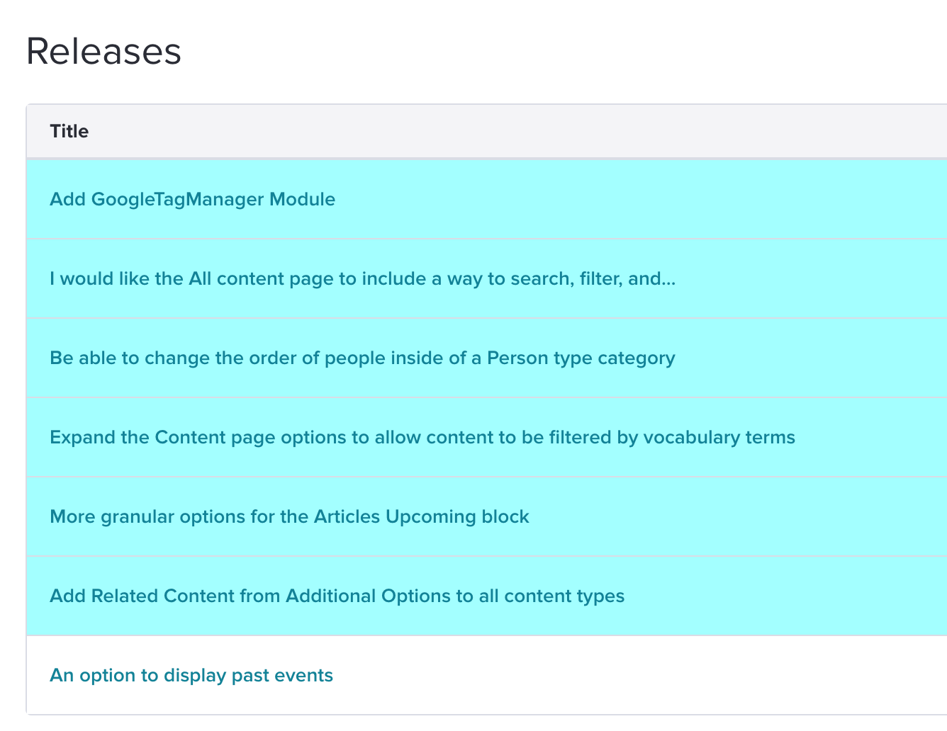 List of completed feature requests in the Releases page.