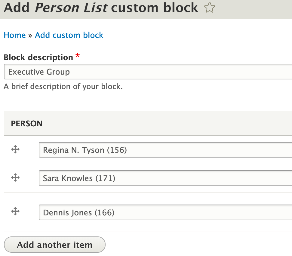 The user interface screen for adding a block description and the fields for your individual people.