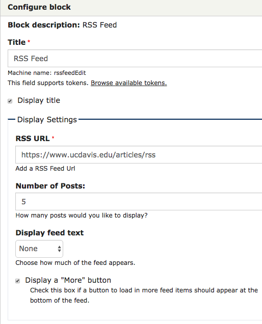 RSS Feed's block configuration options