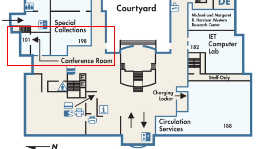 Layout of the Shields Library first floor with markings indicating the location of room 101.