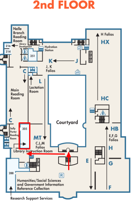 A map laying out the 2nd floor of Shields Library identifying the location of room 205.