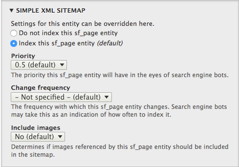 A screenshot of the default Simple XML Sitemap settings