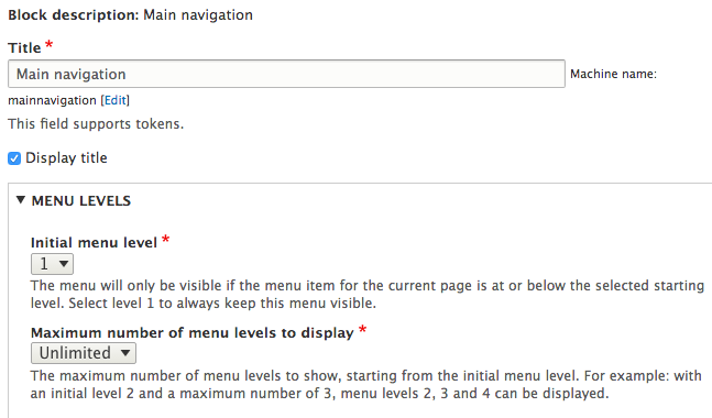 Submenu configuration - title and menu levels.
