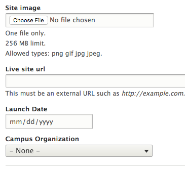 This image displays the site image, live site url, launch date fields, and the campus organization drop-down menu.
