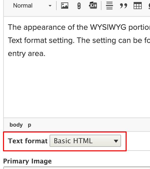 The text format menu is located beneath the text entry section of your WYSIWYG.