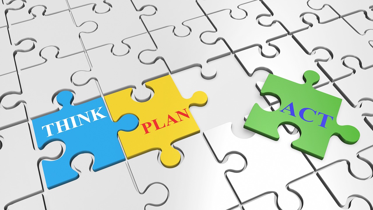 The words Think, Plan, and Act laid out as puzzle pieces joined together