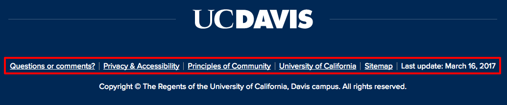 Location of the UC Credits footer including an example of the set of links that can be displayed.