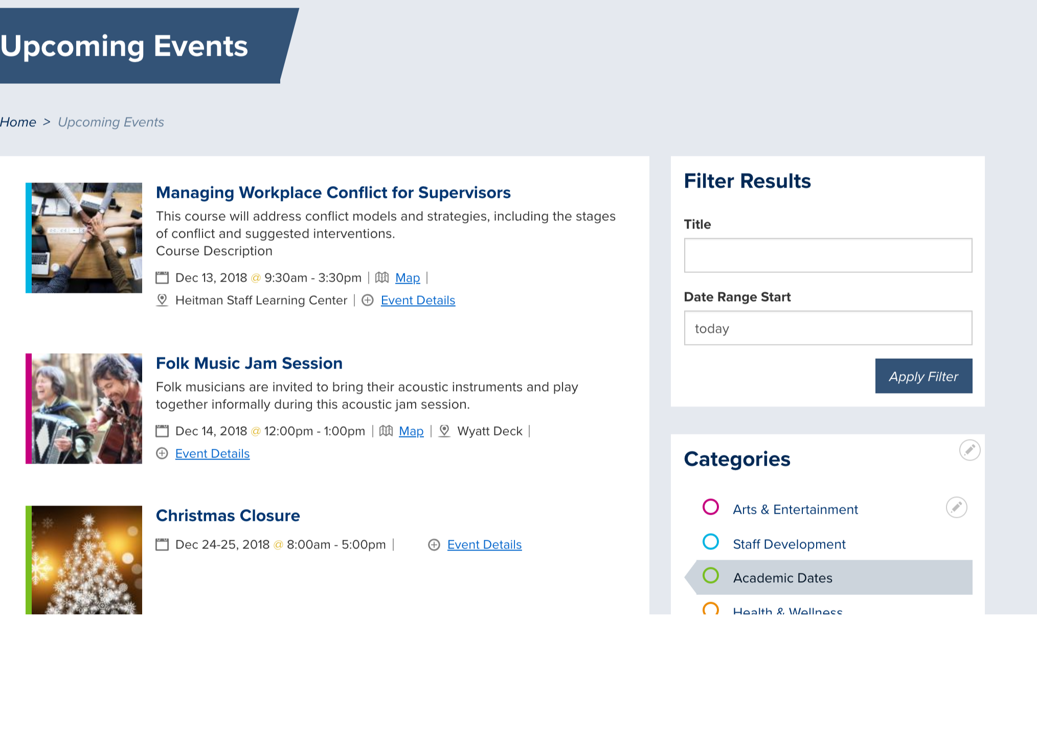 Screenshot showing an example of the Event page listing