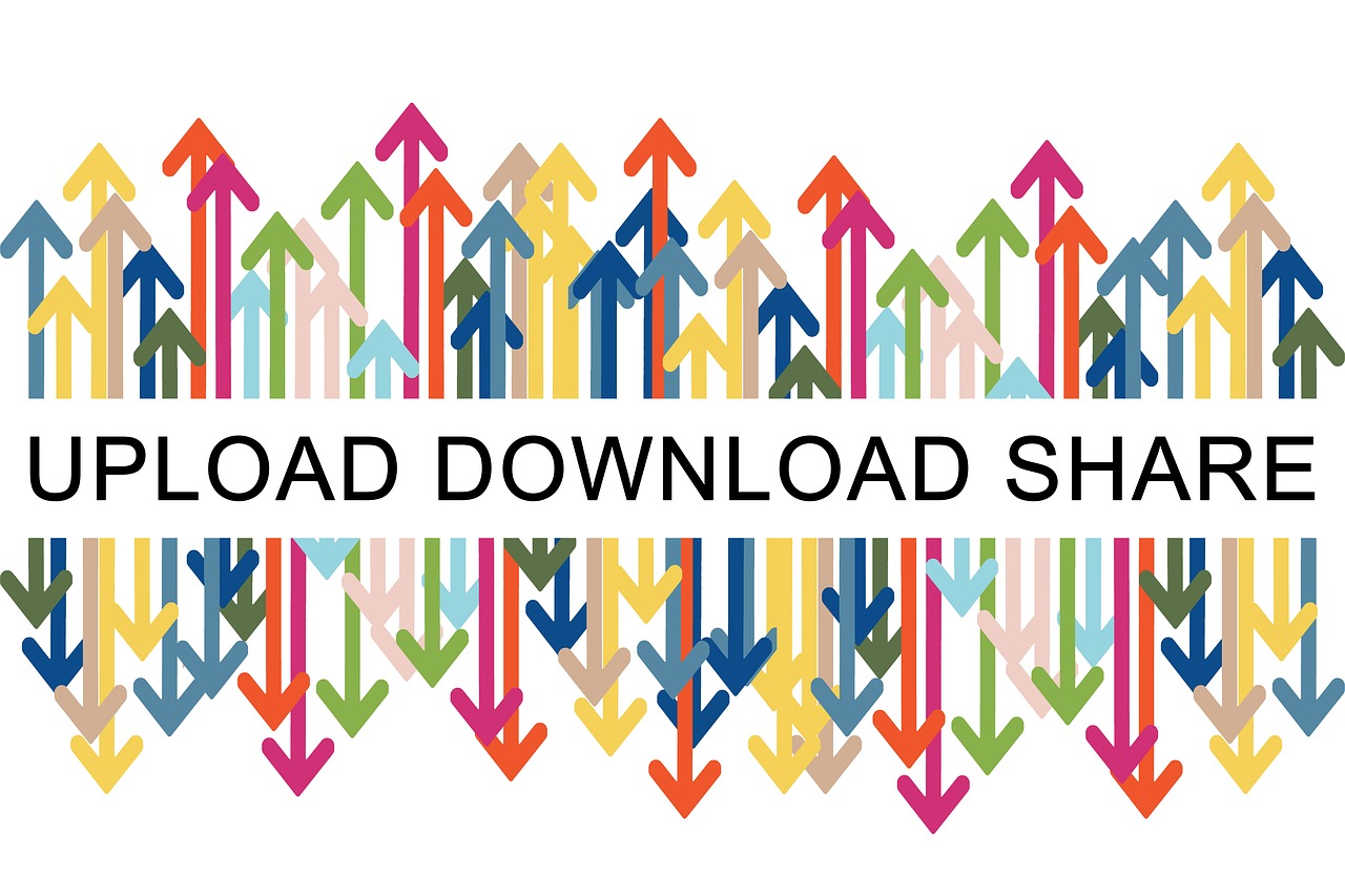 A group of arrows pointing up separated from a group of arrows pointing down by a box of text between them reading Upload Download Share.