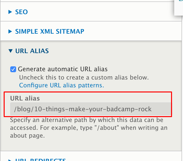 Screenshot of the expanded URL Alias tab to display the location and name of the page's URL pathway.